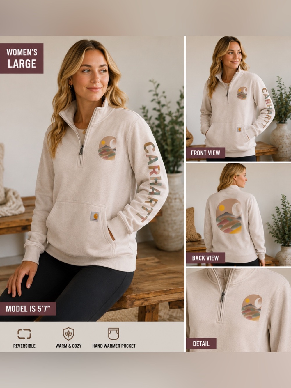 Carhartt Women's large Cream Quarter-Zip Graphic Fleece Pullover like new